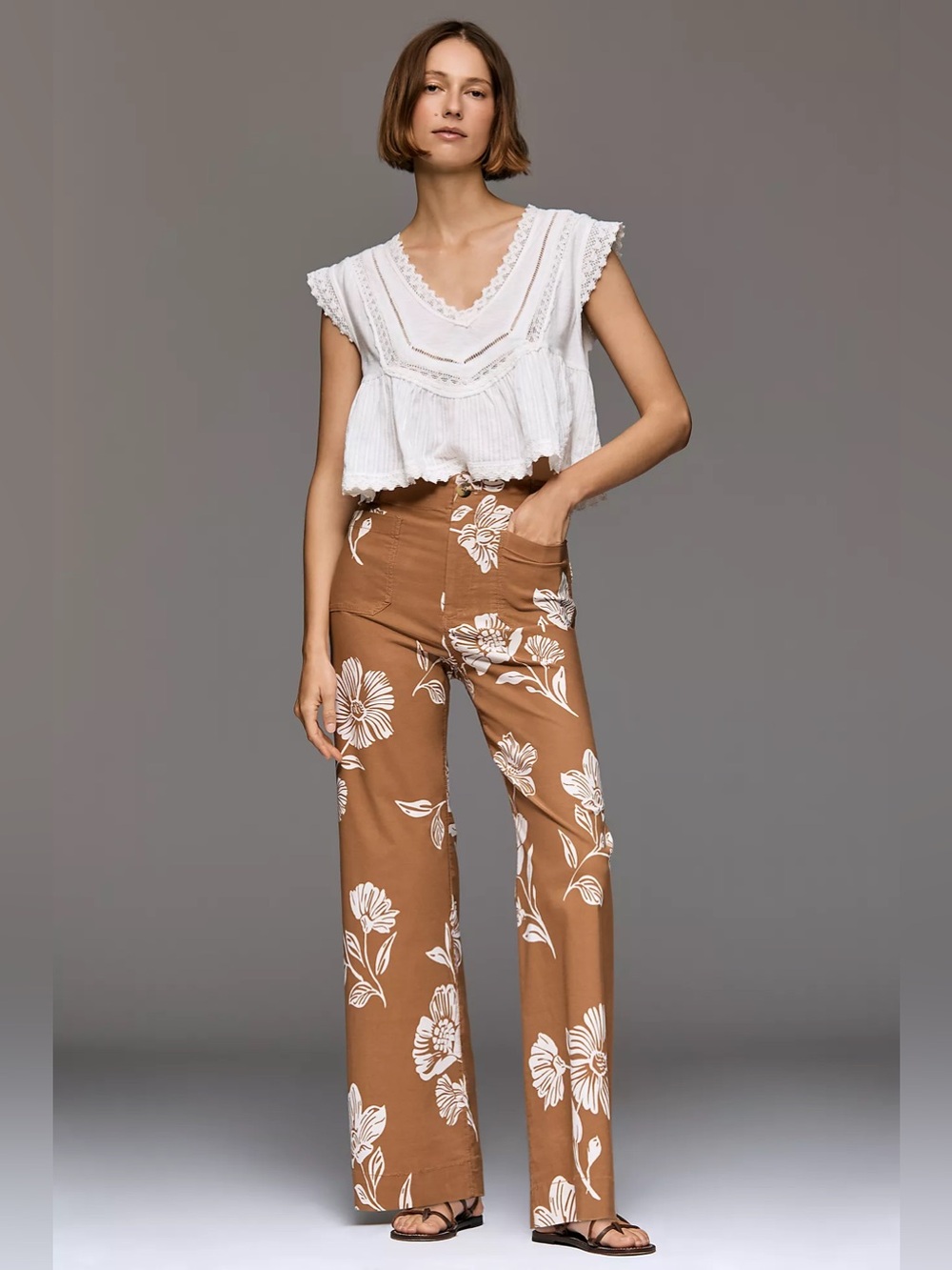 Maeve Anthropologie Colette Full-Length Wide-Leg Pants in Brown Floral, 27